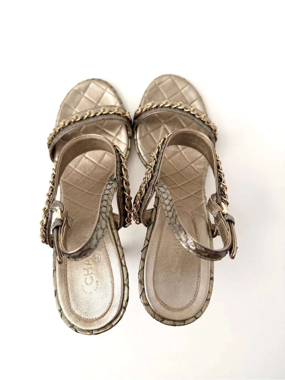 CHANEL | Gold Bronze Python CC Logo Chain Ankle Strap High Heel Sandals EU 41